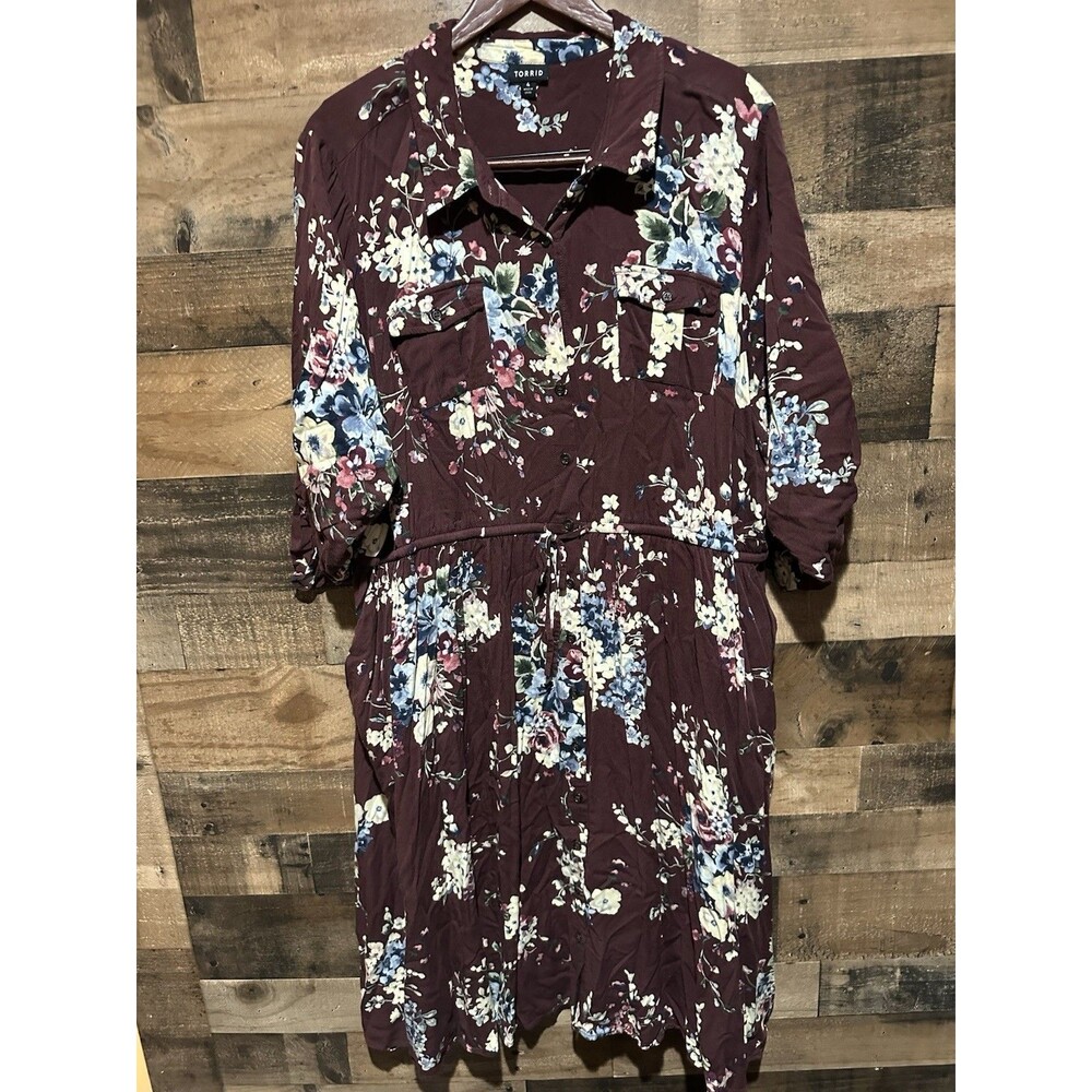 Torrid 4 4X Plus Size Floral Burgundy Babydoll Dress Womens